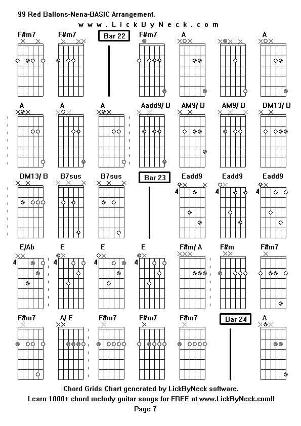 Chord Grids Chart of chord melody fingerstyle guitar song-99 Red Ballons-Nena-BASIC Arrangement,generated by LickByNeck software.